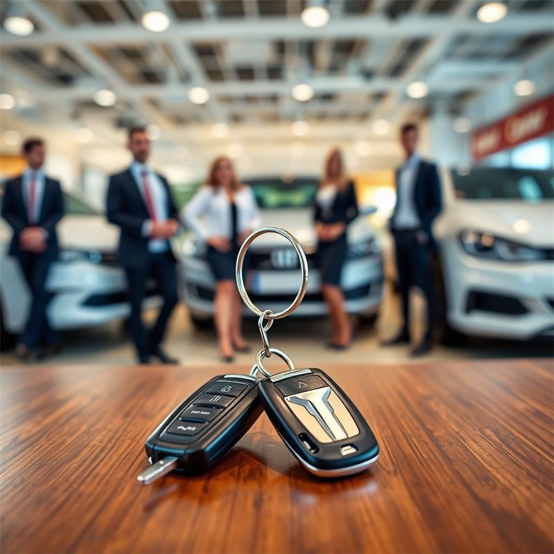 Autoschlüssel vor einer Gruppe von Personen im Autohaus